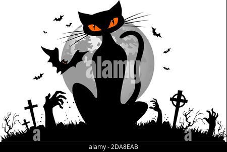 Schwarze Katze vor dem Hintergrund eines Vollmondes mit Fledermäusen und Friedhof mit Zombie-Händen. Halloween Elemente zur Dekoration von Flyer, Einladung, gre