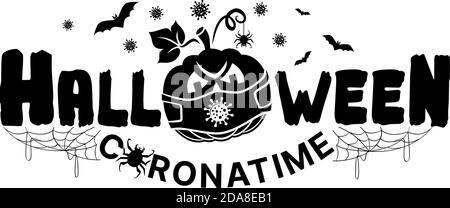 Halloween Maskerade Party Logo. Schwarz-weißes Poster mit Horror-Elementen: Coronavirus, Kürbis, Fledermaus. Abbildung, Vektor auf transparentem Backgroun Stock Vektor