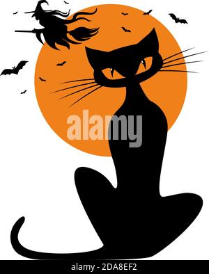 Schwarze Katze vor dem Hintergrund eines orangen Vollmondes mit einer Hexe, die auf einem Besenstiel fliegt. Halloween Elemente zur Dekoration von Flyer, Einladung, gr