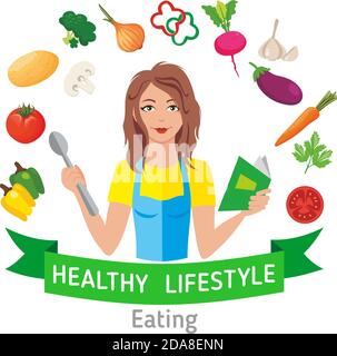 Gesunde Ernährung mit einem gesunden Lebensstil. Hausfrau mit Küchenbuch und Herd und Bilder von Gemüse. Abbildung, Vektor Stock Vektor
