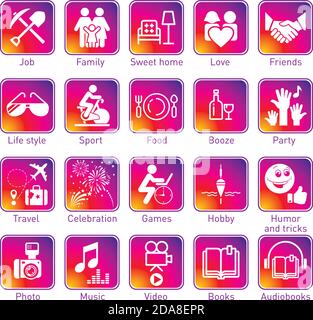Instagram Stories Icons Set - die Konturzeichnungen illustrieren die Sphären des Lebens Stock Vektor