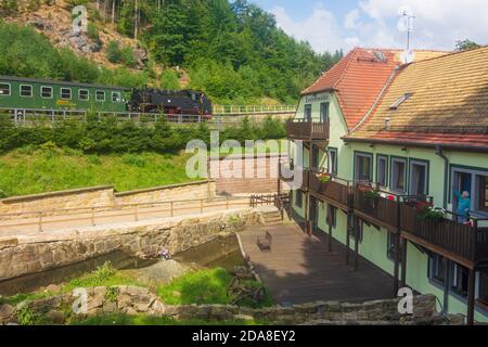 Oybin: Schmalspurbahn Zittau–Oybin/Jonsdorf, Dampflokomotive, Hotel Teufelsmühle, Zittauer Gebirge, Zittauer Gebirge, Sachsen, Stockfoto