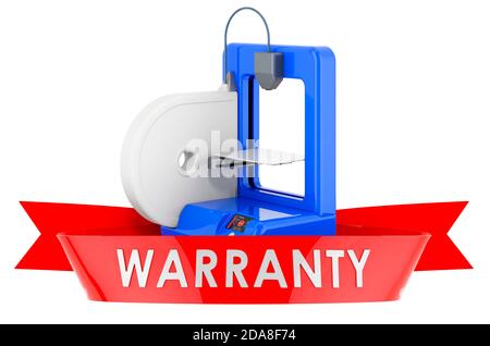 Garantiekonzept für 3D-Drucker. 3D-Rendering auf weißem Hintergrund isoliert Stockfoto