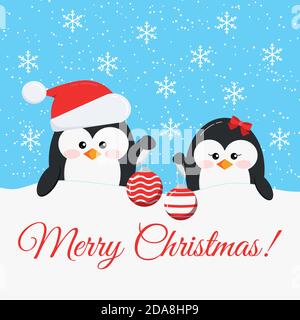 Frohe Weihnachten Karte - niedlichen Pinguin Junge und Mädchen mit Weihnachtskugel Stock Vektor