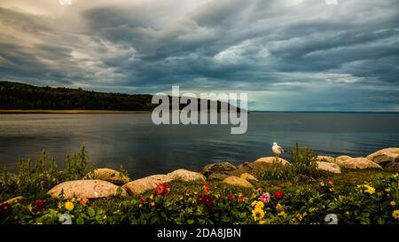 La Malbaie, Kanada - August 19 2020: Der Sonnenuntergang am Saint-Laurence River bei La Malbaie Stockfoto