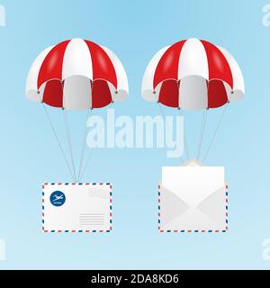 Vektor 3d realistische fliegende rote und weiße Fallschirm mit geschlossenen und geöffneten Papierumschlag auf blauem Hintergrund gesetzt. Lieferung und Post-Konzept. Design Stock Vektor
