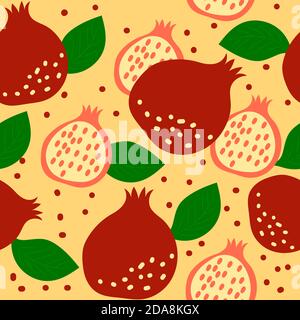 Nahtloses Muster mit Granatapfelfrüchten und Blättern auf gelbem Hintergrund. Vektorgrafik Cartoon-Illustration. Stock Vektor