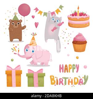 Set of cute animals for happy birthday design Stock Vektor