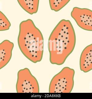 Nahtloses Muster mit Papaya-Frucht auf gelbem Hintergrund. Vektorgrafik Cartoon-Illustration. Stock Vektor