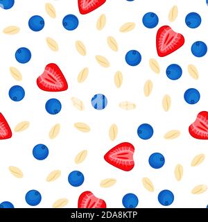 Nahtloses Muster mit Müsli, Müsli, Erdbeeren, Blaubeeren auf weißem Hintergrund. Gesunde Ernährung, Haferflocken, Vektor-Cartoon-Illustration. Stock Vektor