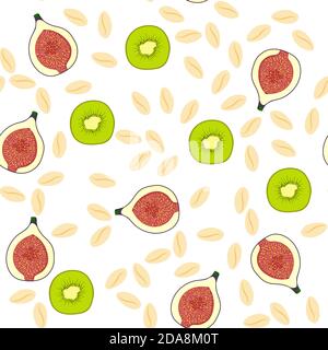 Nahtloses Muster mit Müsli, Müsli, Feige, Kiwi auf weißem Hintergrund. Gesunde Ernährung, Haferflocken, Vektor-Cartoon-Illustration. Stock Vektor