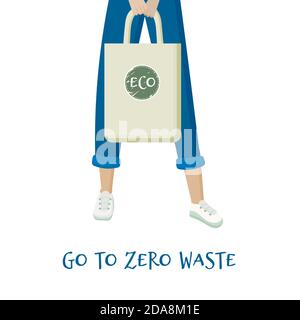 Eco-Tasche in der Hand Frau, gehen Sie zu Null Abfall Konzept. Vektorgrafik Cartoon-Illustration. Stock Vektor