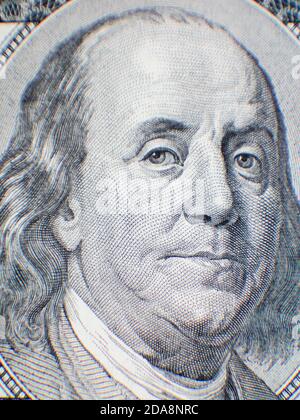 Benjamin Franklin Gesicht auf uns hundert Dollar-Rechnung Makro isoliert, vereinigte Staaten Geld Nahaufnahme Stockfoto