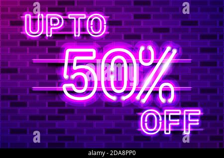 BIS ZU 50 Prozent AUS glühenden lila Neon-Lampe Zeichen Stock Vektor
