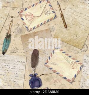 Nahtloses Muster im Vintage-Stil mit handgeschriebenen Briefen, Poststempeln, Umschlägen, Füllfederhaltern, Federn. Aquarell handgezeichnete Illustration Textu Stockfoto