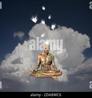 Cyborg Meditation. Droiden in Lotuspose schwebt in Wolken. 3D-Rendering Stockfoto