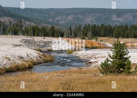 Heißes Wasser aus Sunset Lake mit Matten aus bunten Thermophilen Bakterien fließen in den Iron Spring Creek im schwarzen Sand Becken von Yellowstone National P Stockfoto