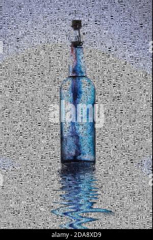 Blauer Rauch in der Flasche. Bild, das vollständig aus Wörtern besteht. 3D-Rendering Stockfoto