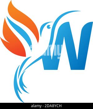 Buchstabe W kombiniert mit dem Feuerflügel-Kolibri-Icon-Logo Design Stock Vektor