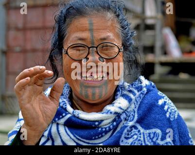 Alte nordöstliche indische Apatani Stammesfrau mit schwarzen hölzernen Nasenstopfen und traditionellem Gesichts-Tattoo trägt moderne Brillen und lächelt für die Kamera. Stockfoto