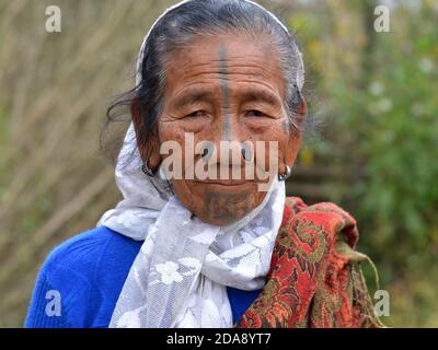 Alte nordöstliche indische Apatani ethnische Minderheit Stammesfrau mit schwarzen hölzernen Nasenstopfen und traditionellen Gesichts-Tattoos Posen für die Kamera. Stockfoto