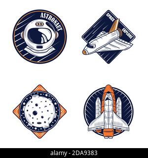 Raum Abzeichen Symbole setzen Helm Rakete und Mond Vektor Illustration Stock Vektor