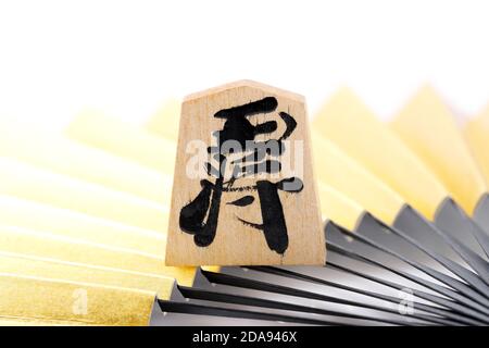 Japanische Shogi Stücke und Sensu auf weißem Hintergrund, Shogi ist japanisches Schach. Das Wort, das in dem Stück geschrieben ist, ist König. Stockfoto