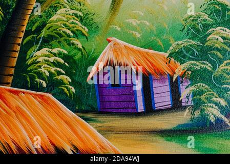 Eine tropische blaue Holzhütte, gemalt auf Leinwand. Stockfoto