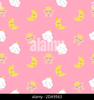 Niedliche Kinder Nahtloses Muster Hintergrund mit Wolke, Stern und Mond in Prinzessin Krone Illustration Stockfoto