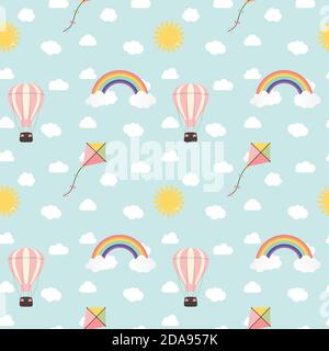 Kind nahtlose Muster Hintergrund mit Regenbogen, Sonne, Wolke, Drachen und Ballon. Abbildung Stockfoto