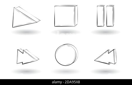 Video, Musik, Media-Player-Tasten in 3D-Sketch-Stil eingestellt, von Hand gezeichnet, schwebend. Spielen, stoppen, anhalten und zurückspulen. Vektorgrafik Stock Vektor