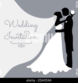 Romantische Hochzeit Silhouetten mit Text auf grau. Stock Vektor