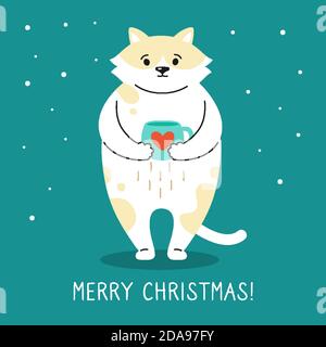 Gruß Weihnachtskarte, Katze mit Tasse Tee. Neujahreskätzchen. Handgezeichnete lustige Kritzeleien Cartoon Katze. Weihnachtsfigur. Frohes neues Jahr, Frohe Weihnachten. Tiervektor Stock Vektor