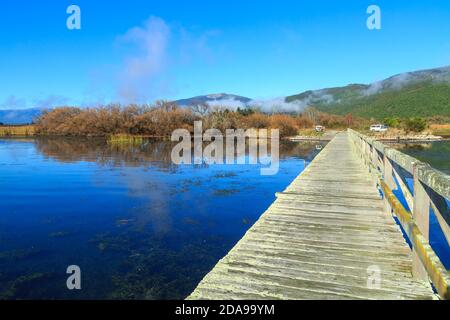 Die historische alte Tokaanu Wharf am Lake Taupo, Neuseeland. Ein Blick von weit draußen auf den Kai Blick zurück auf Herbstbäume an der Küste Stockfoto