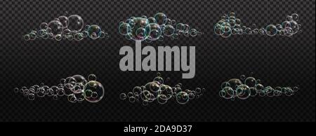 Badeschaum Seife mit Neon Blasen isoliert Vektor-Illustration auf transparentem Hintergrund. Bunte Wolke von Blasen und Seifenschaum. Cloud-Set Stock Vektor