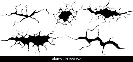 Bodenrisse gesetzt. Erdbeben und Bodenrisse, Lochwirkung, Craquelure und beschädigte Wandstruktur. Vektor-Illustrationen Erdbeben, Absturz, Zerstörung Stock Vektor