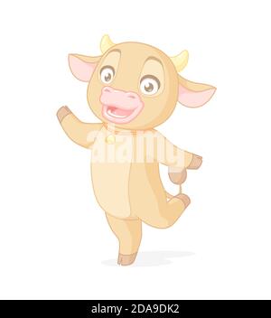Glückliche niedliche Kuh auf einem Bein stehen. Vektor-Cartoon-Charakter auf weißem Hintergrund. Stock Vektor