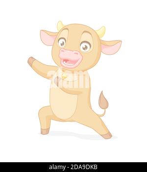 Glücklich niedlichen Baby Stier präsentiert. Vektor-Cartoon-Charakter auf weißem Hintergrund. Stock Vektor