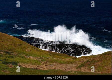 Ich wartete ewig auf die richtige Welle, um über diesen großen Rock zu brechen, in der Nähe der Nobbies auf Phillip Island in Victoria, Australien. Ich wurde endlich belohnt! Stockfoto