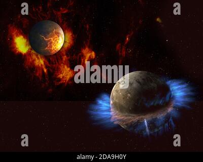Zwei fantastische außerirdische Planeten im tiefen Raum, rot und blau. Elemente dieses Bildes, die von der NASA eingerichtet wurden. Stockfoto