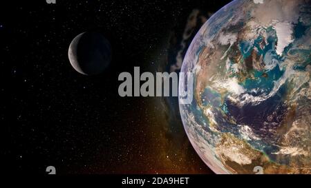 Erde und Mond, Blick aus dem All. Elemente dieses Bildes, die von der NASA eingerichtet wurden. Stockfoto