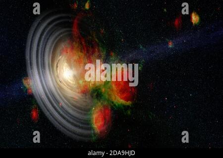Collage über Raum, Wissenschaft. Fantastisches schwarzes Loch mit Ringen im Weltraum. Elemente dieses Bildes, die von der NASA eingerichtet wurden. Stockfoto