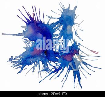 Abstrakter handgezeichneter Aquarellhintergrund. Blaue Flecken bilden sich auf der Farbe durch Blasen. Stockfoto