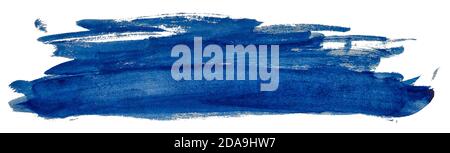 Lange blaue Abstrich Aquarellfarbe Fleck isoliert auf weißem Hintergrund. Stockfoto