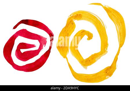 Aquarell handbemaltes abstraktes Ornament mit Spiralen isoliert auf weißem Hintergrund. Satz aus zwei Designelementen. Stockfoto