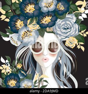 Vektor-Illustration von Vektor-Illustration eines Mädchens trägt Sonnenbrille mit Blumen. Design für Hochzeit, Jubiläum, Geburtstag und Party-Einladung Stock Vektor