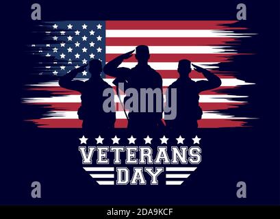 Happy Veterans Tag Feier Karte mit Soldaten Saludating in den usa Fahnenvektor Illustration Design Stock Vektor