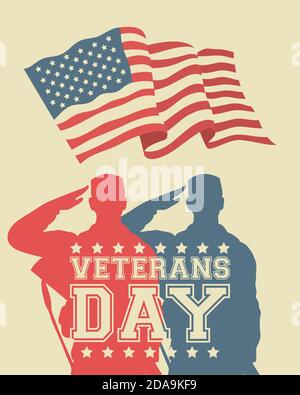 Happy Veterans Tag Feier Karte mit Soldaten saludating usa Flagge vektorgrafik Design Stock Vektor