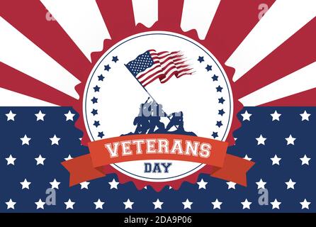 Happy Veterans Tag Feier Karte mit Soldaten heben usa Flagge In Seal Vektor Illustration Design Stock Vektor