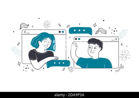 Online Party, Gespräch, virtuelles Meeting-Konzept. Mann Frau Freunde bleiben zu Hause kommunizieren über Computer-Fenster aus der Ferne. Veranstaltung von drahtlosen Feiern bei Videoanrufen während der Selbstisolierung. Stock Vektor